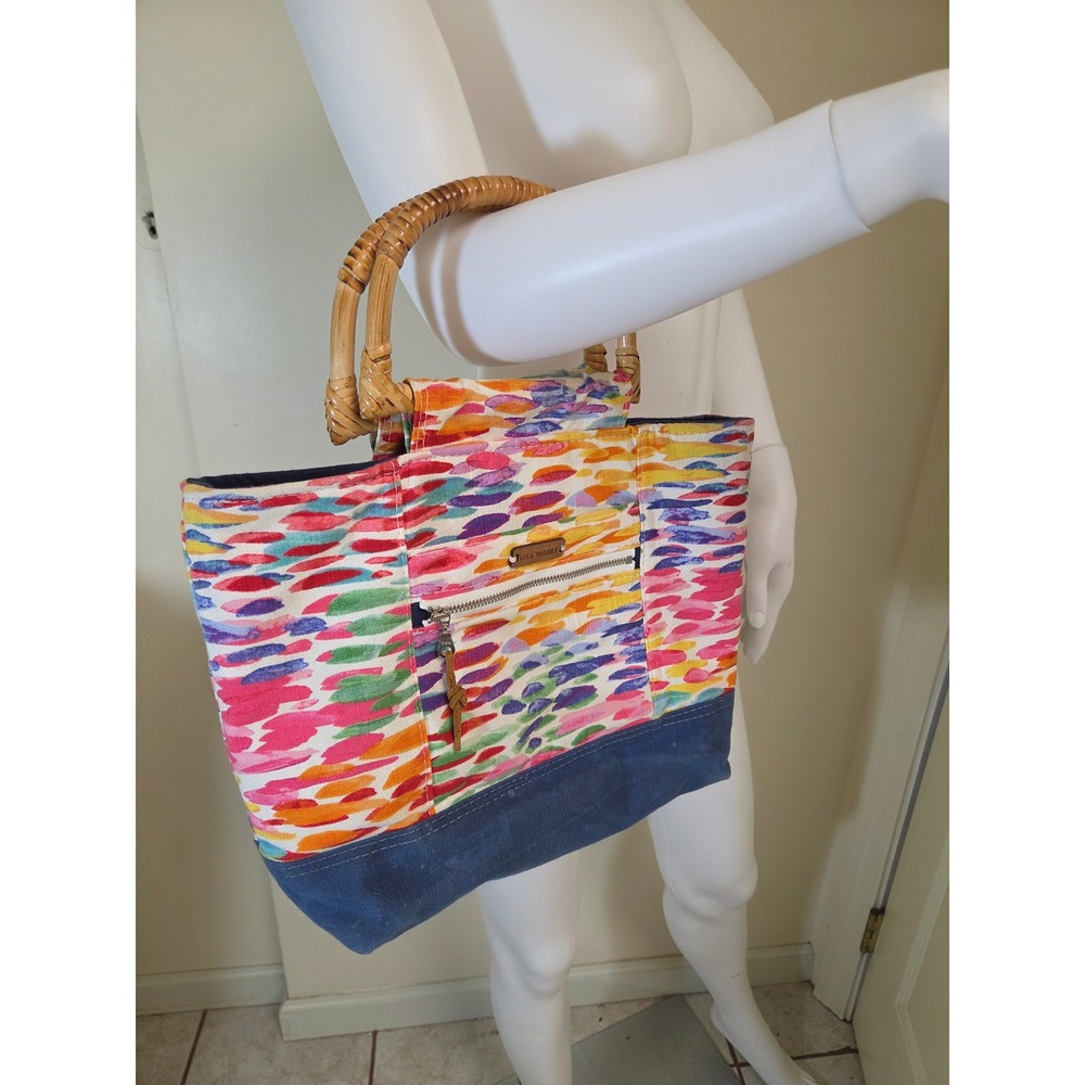 Lisa Maree Multi Color Abstract Canvas Tote‎ Bag with Bamboo Handles and Pouch